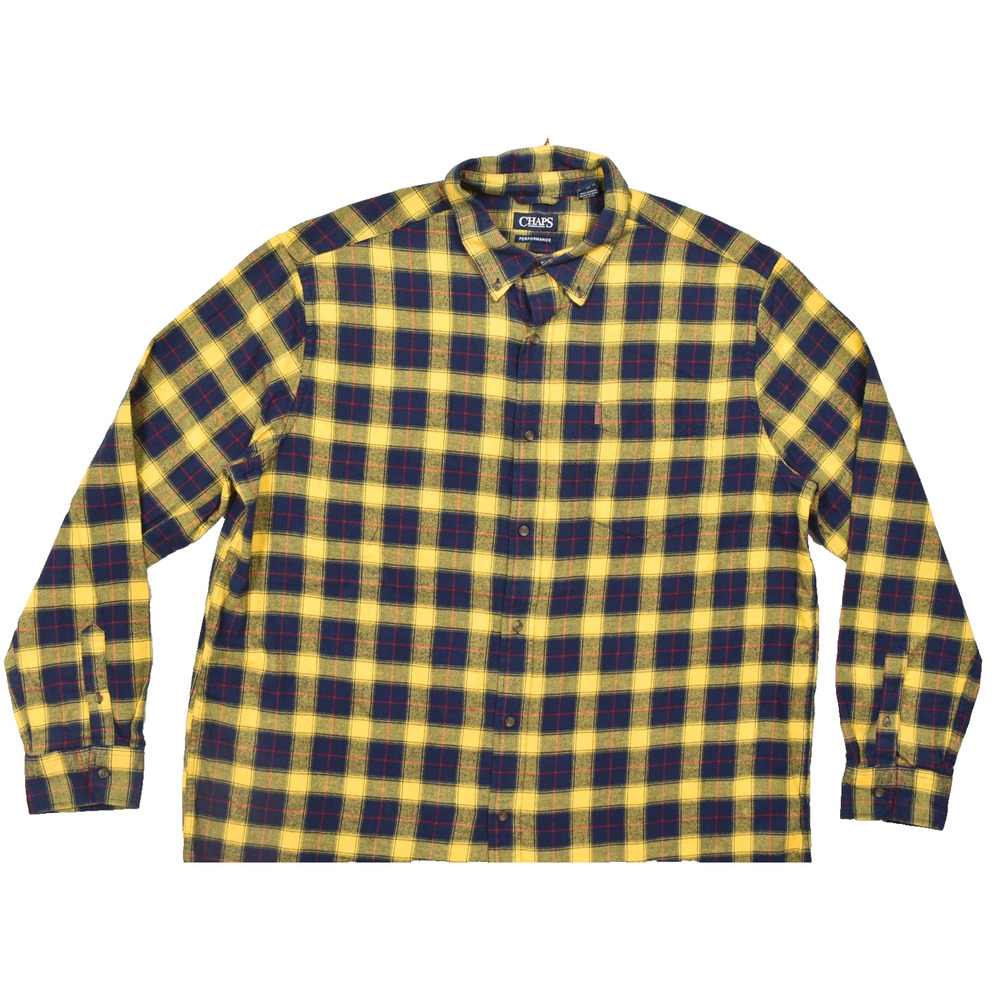 Chaps Performance Men's 2XLT Tall Flannel Shirt Yellow Blue Plaid 100% Cotton